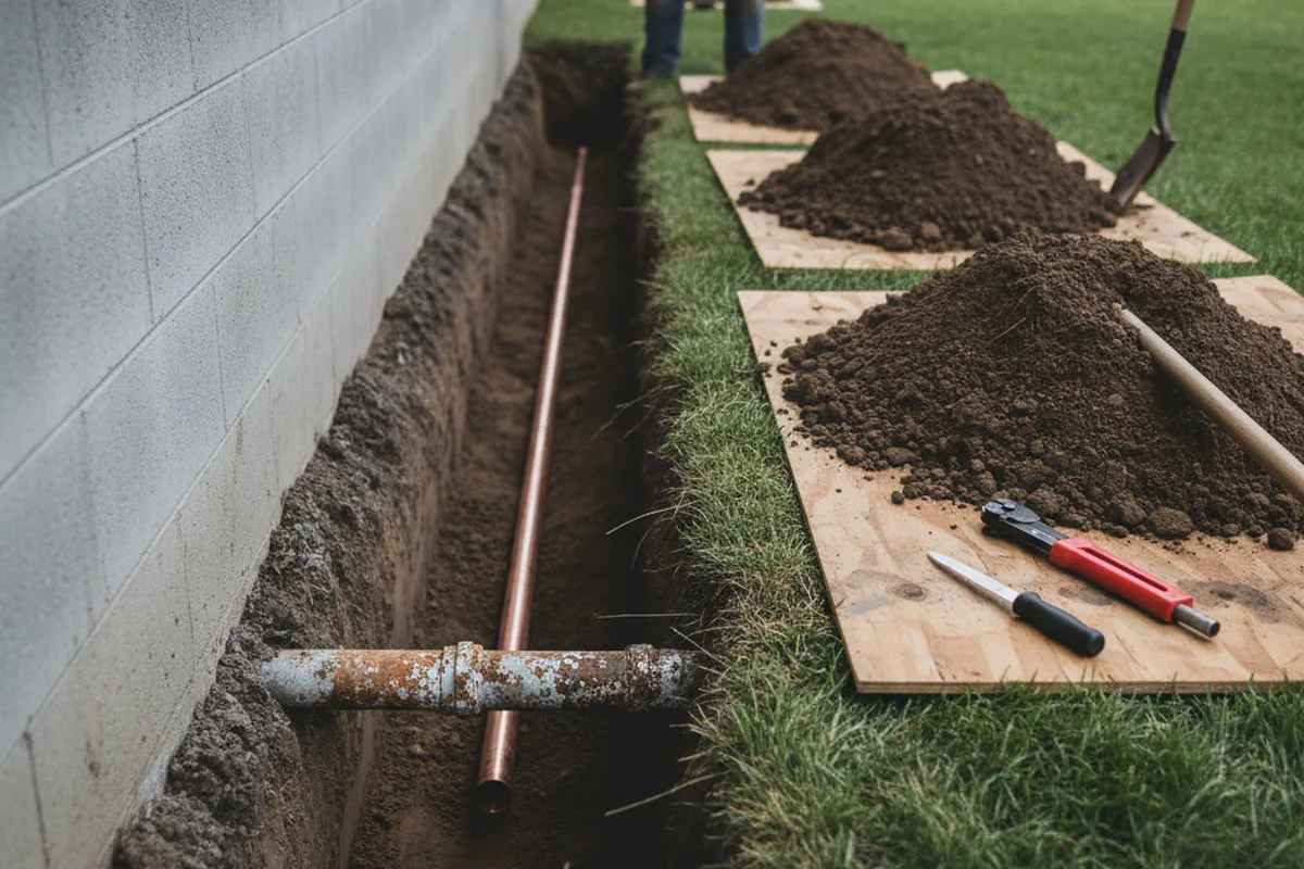 Excavated water line trench during Water Heater Repair in Pawnee